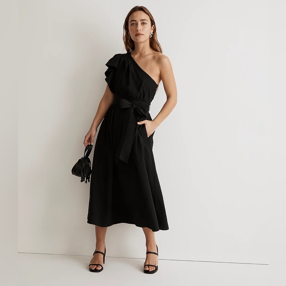 NWT Madewell Ruffled One-Shoulder Midi Dress Black Party Cocktail Wedding Dress